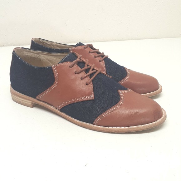 F-Troupe Womens Saddle Shoes Sz 39 Leather and Denim Brown Blue US Sz 8.5 - Picture 4 of 16